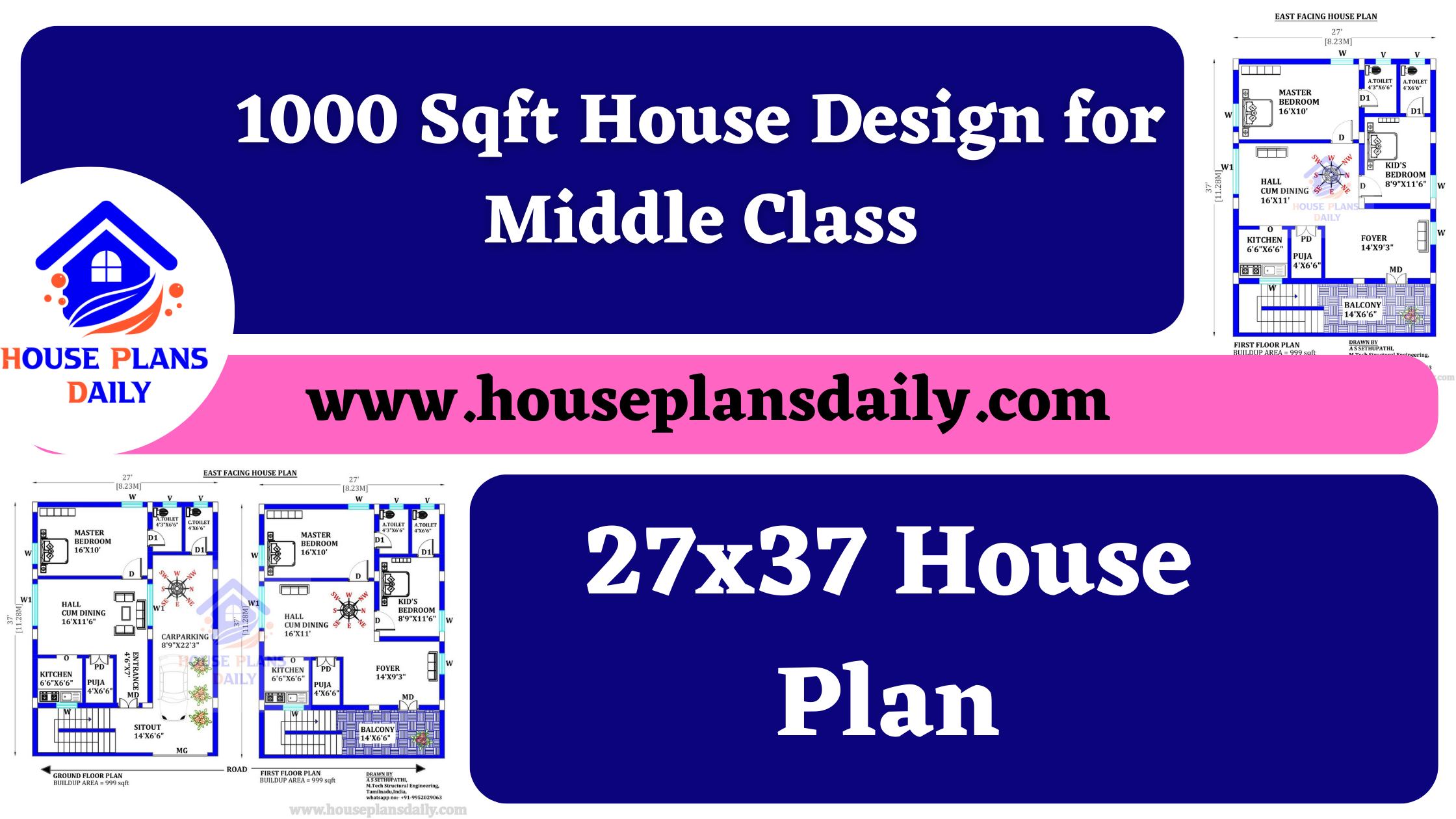 1000 Sqft House Design for Middle Class | 27x37 House Plan