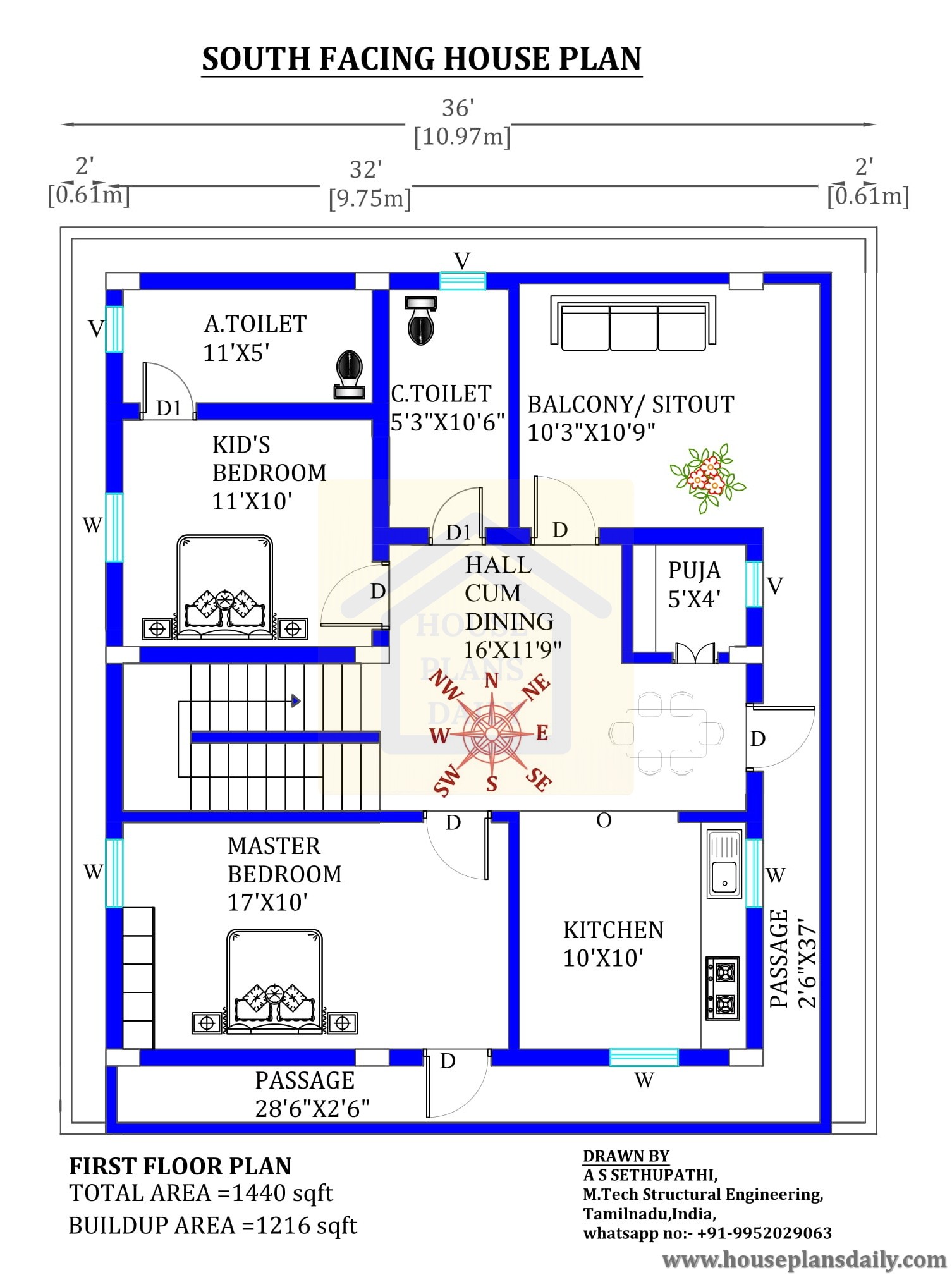 36x40 South Facing House Plan According to Vastu - Houseplansdaily