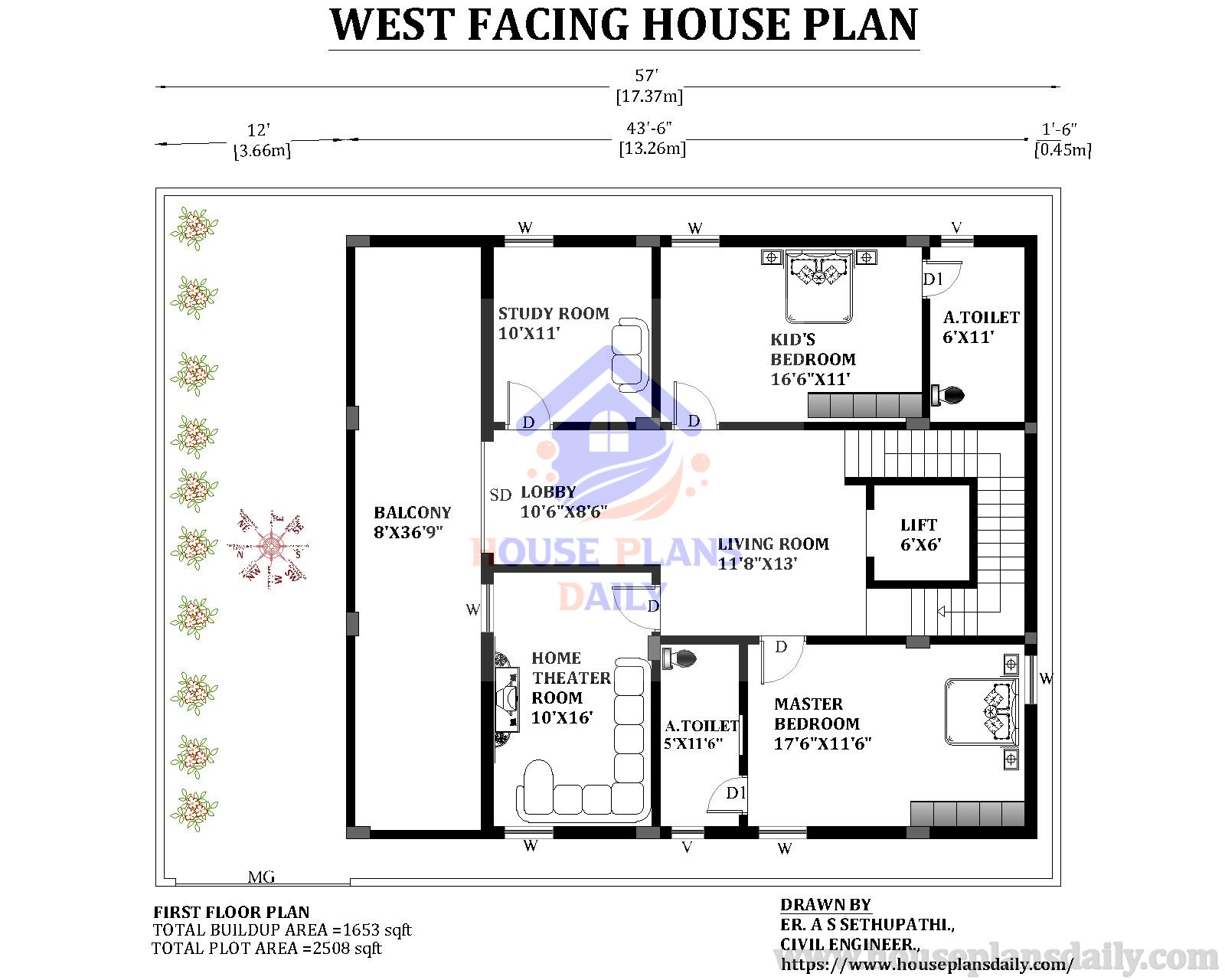 57X44 West Facing G+1 House Plan Drawing - Houseplansdaily