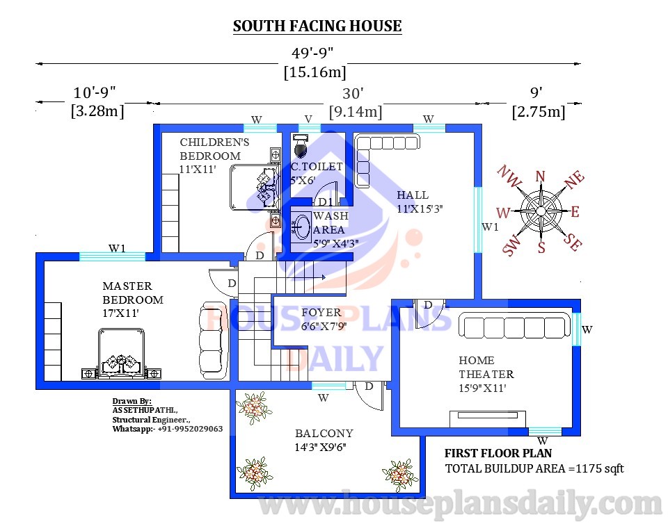 50x34 South Facing House Floor Plan - Houseplansdaily