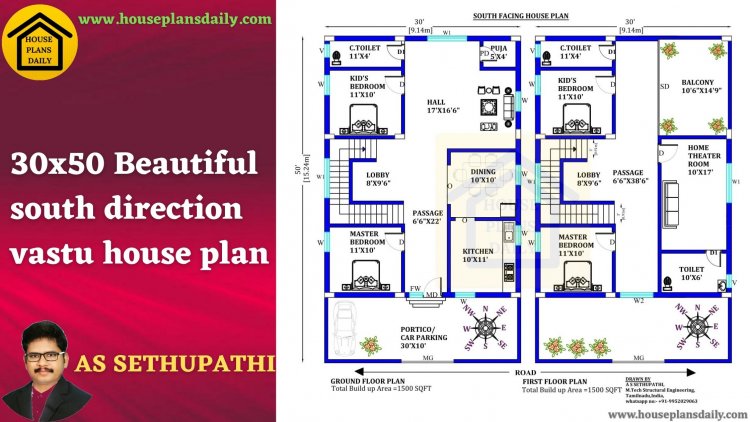 30x50 South Direction Vastu House Plan