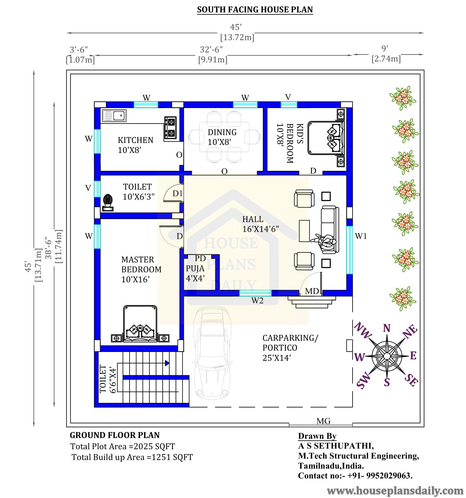 45x45 South Facing House Plan | Vastu Home Design - Houseplansdaily