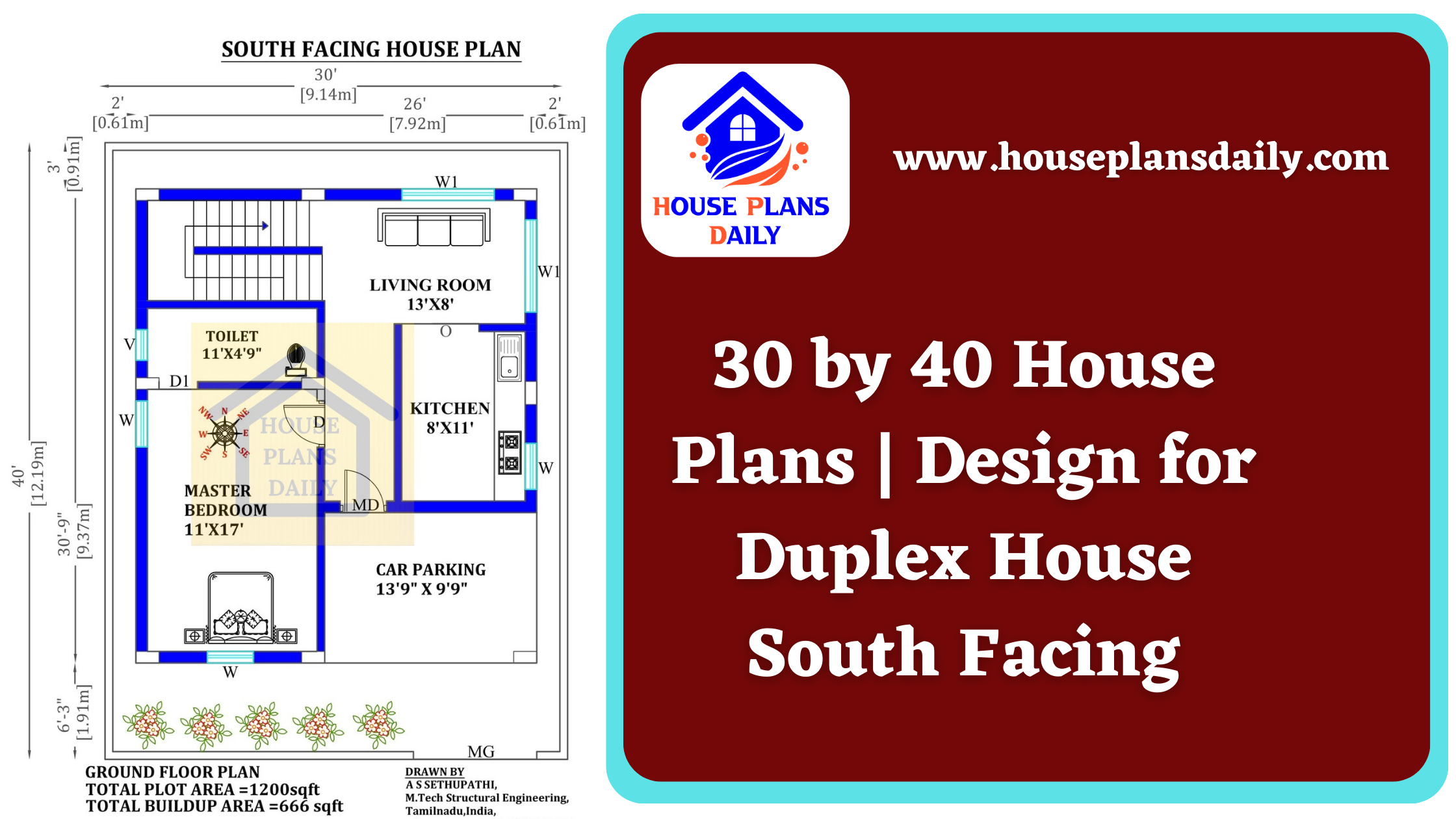30 by 40 House Plans | Design for Duplex House South Facing