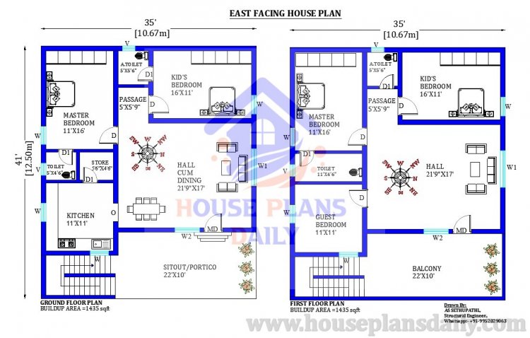 35x41 East Facing house design | Free CAD File