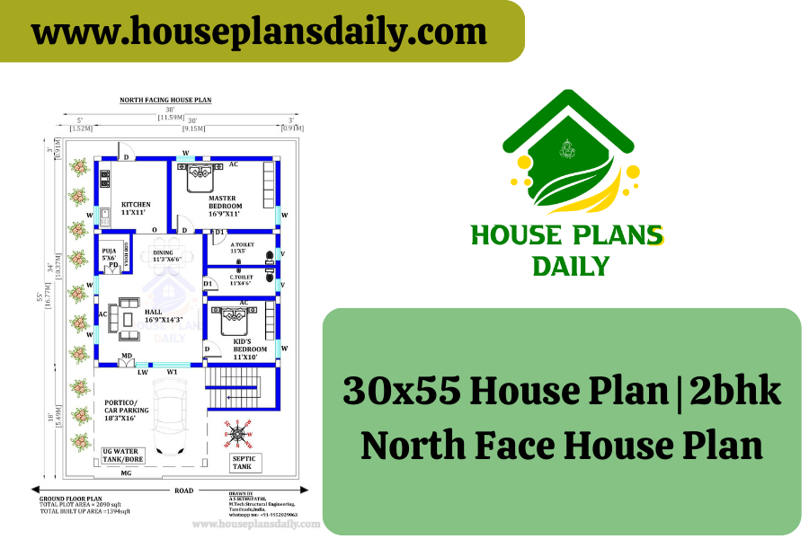 30x55 House Plan | 2bhk North Face House Plan