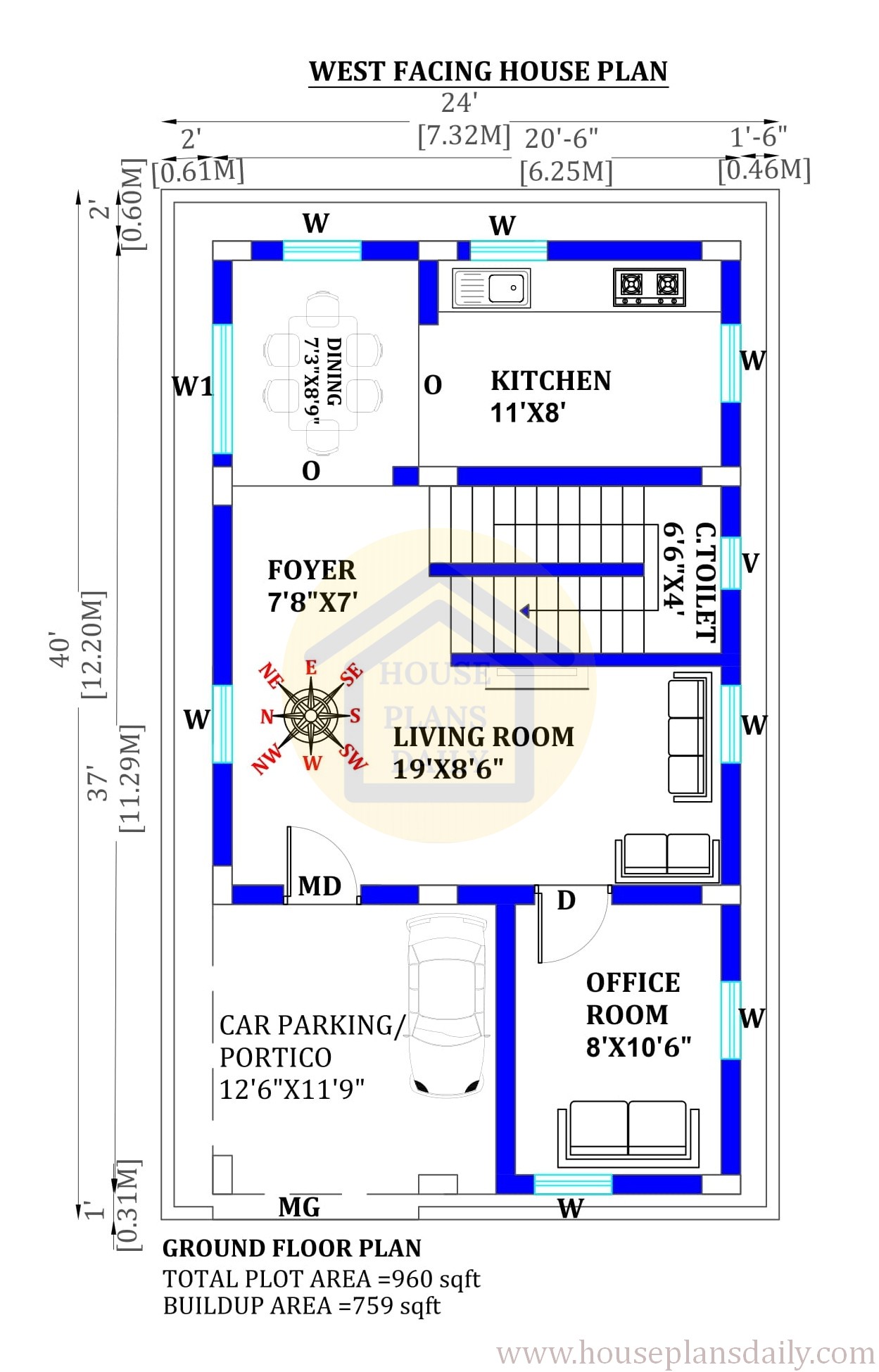 20 By 40 House Plan 3d With Car Parking