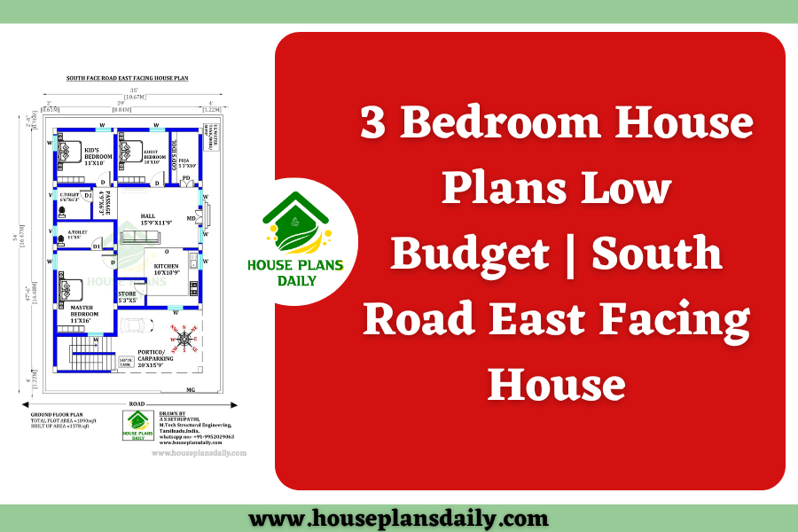 3 Bedroom House Plans Low Budget | South Road East Facing House