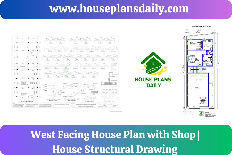West Facing House Plan with Shop | House Structural Drawing