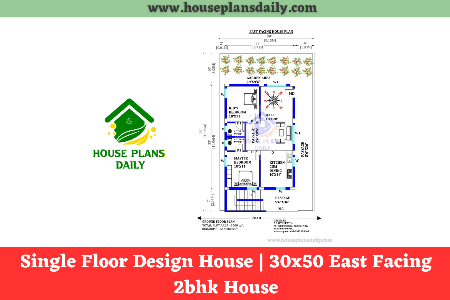 Single Floor Design House | 30x50 East Facing 2bhk House