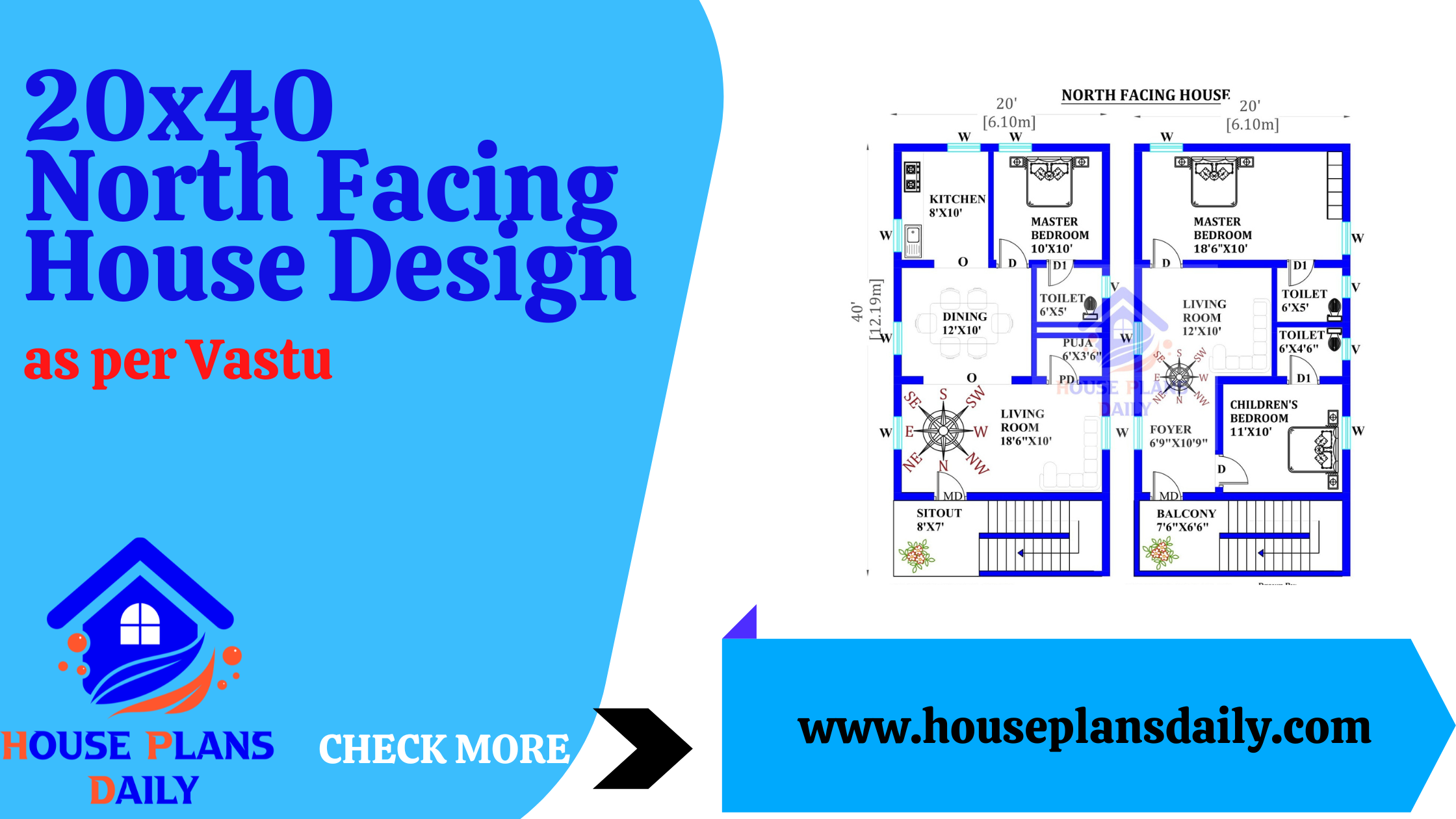 20x40 North Facing House Design as per Vastu