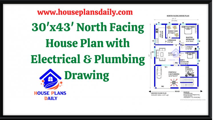 30x43 North Facing House Plan with Electrical and Plumbing Drawing