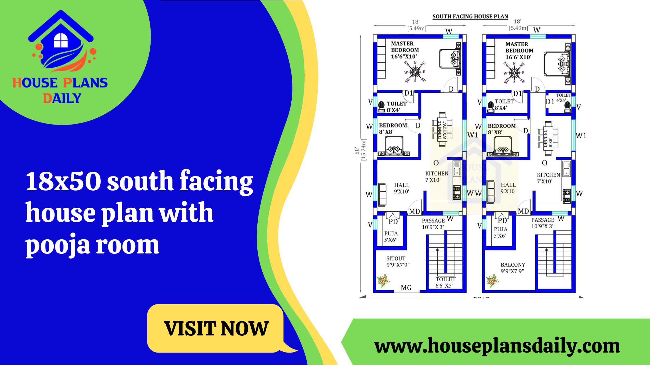 18x50 south facing house plan with pooja room