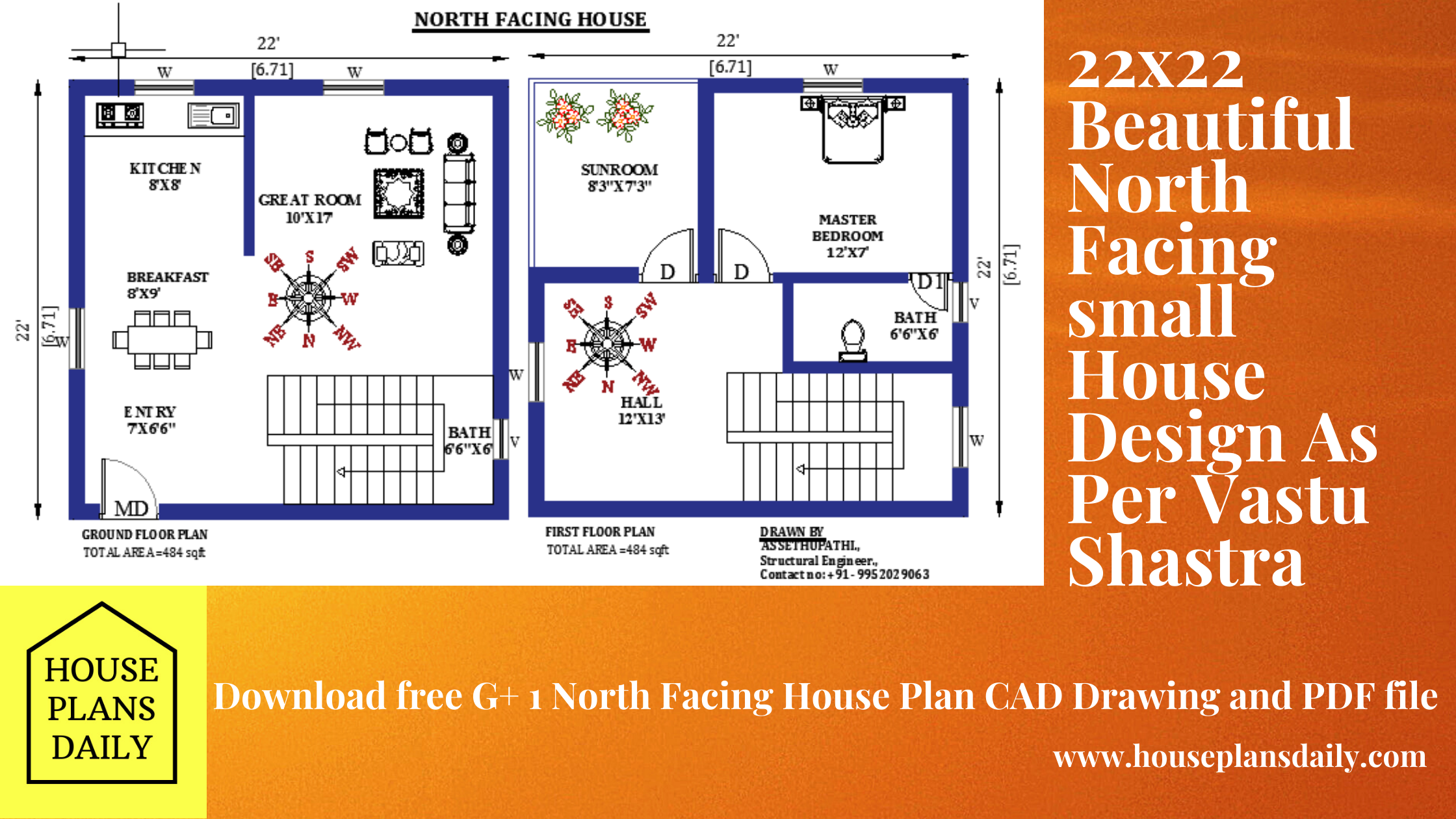 22x22 North Facing small House Design As Per Vastu Shastra