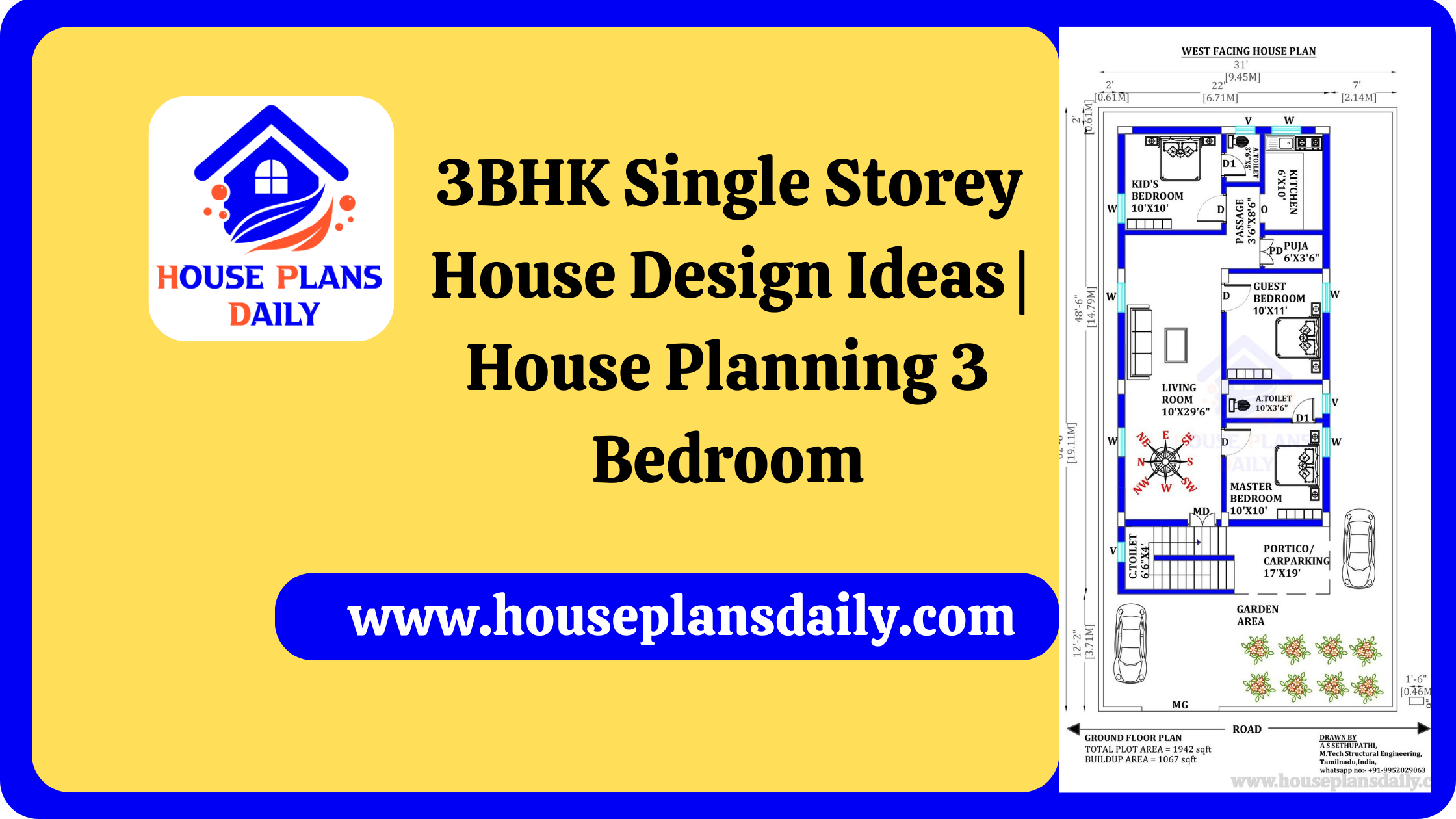 3BHK Single Storey House Design Ideas | House Planning 3 Bedroom