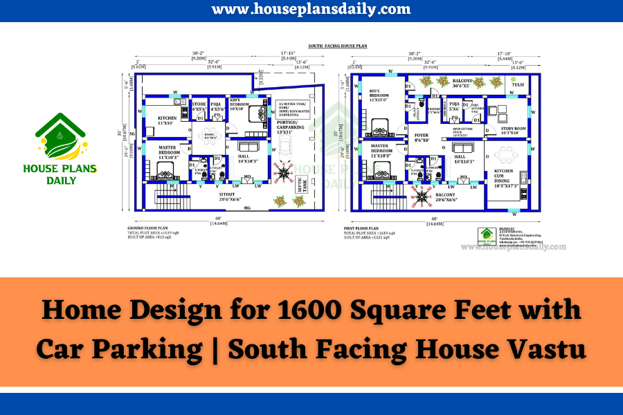 Home Design for 1600 Square Feet with Car Parking | South Facing House Vastu