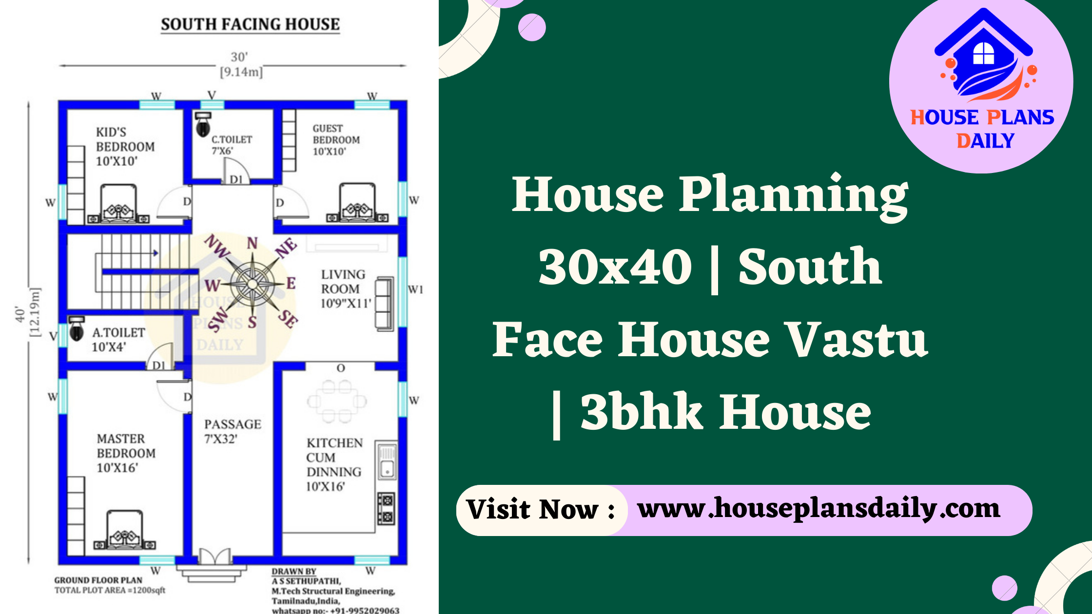 House Planning 30x40 | South Face House Vastu | 3bhk House