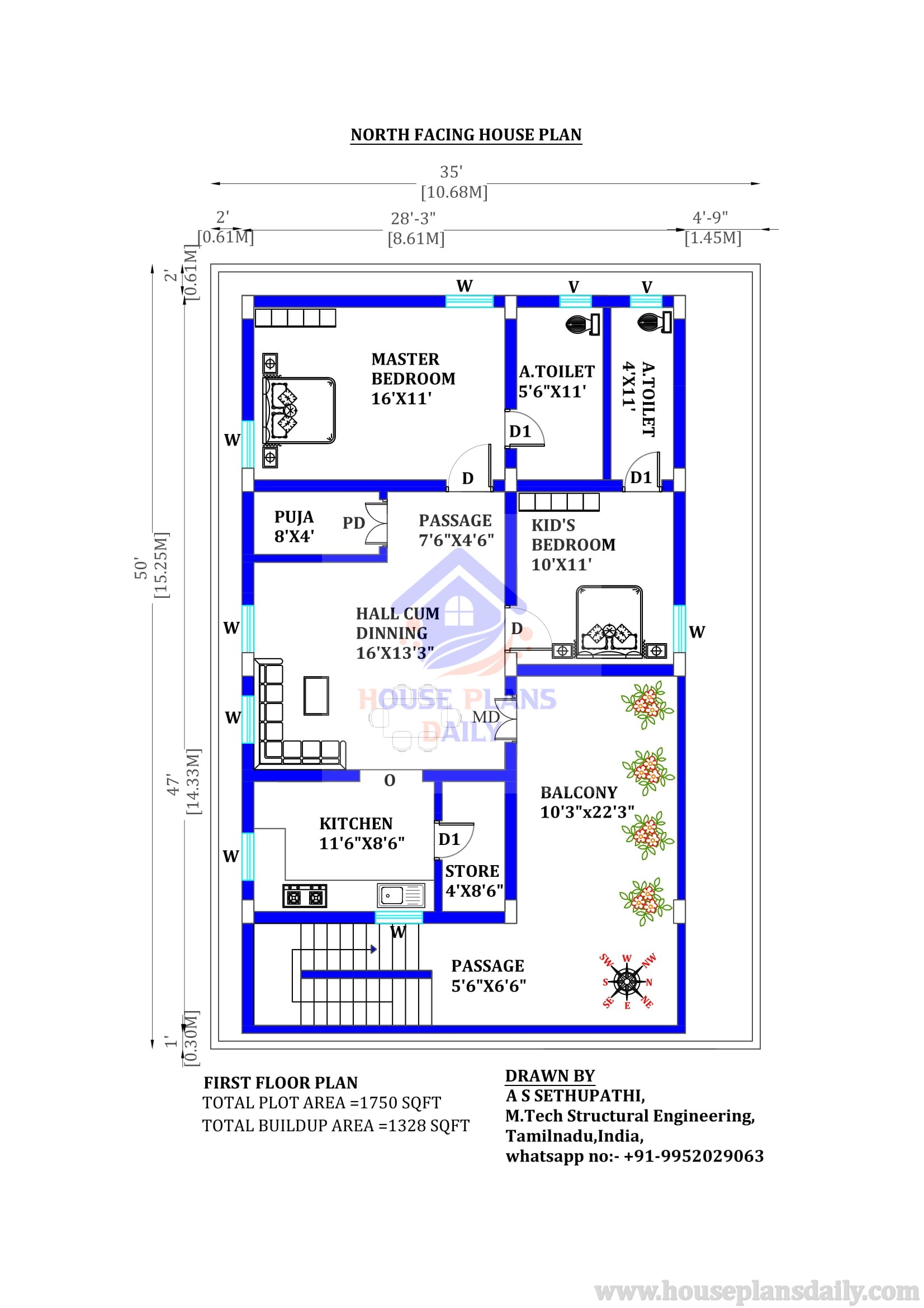 North Face Plan | North Face House Vastu Plan | 35x50 House Plan ...