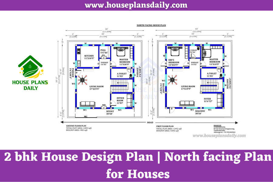 2 bhk House Design Plan | North facing Plan for Houses