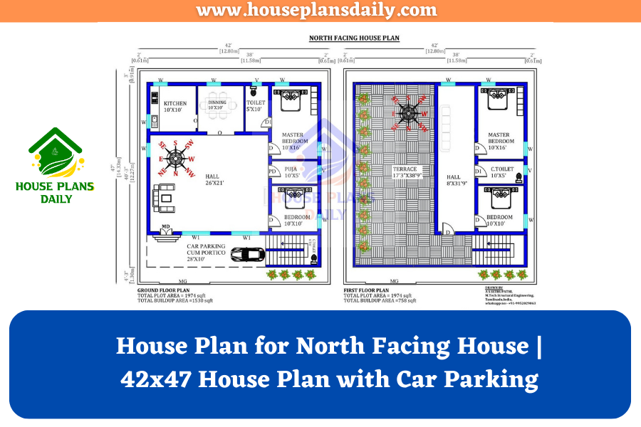 House Plan for North Facing House | 42x47 House Plan with Car Parking