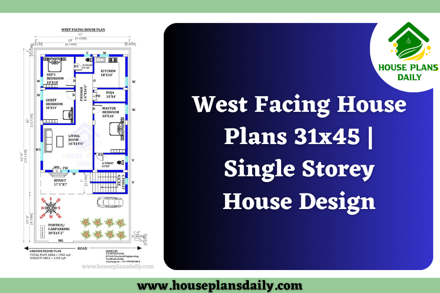 West Facing House Plans 31x45 | Single Storey House Design